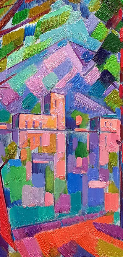 Vibrant oil painting In the mountains by Peter Dobrev with bold textured strokes