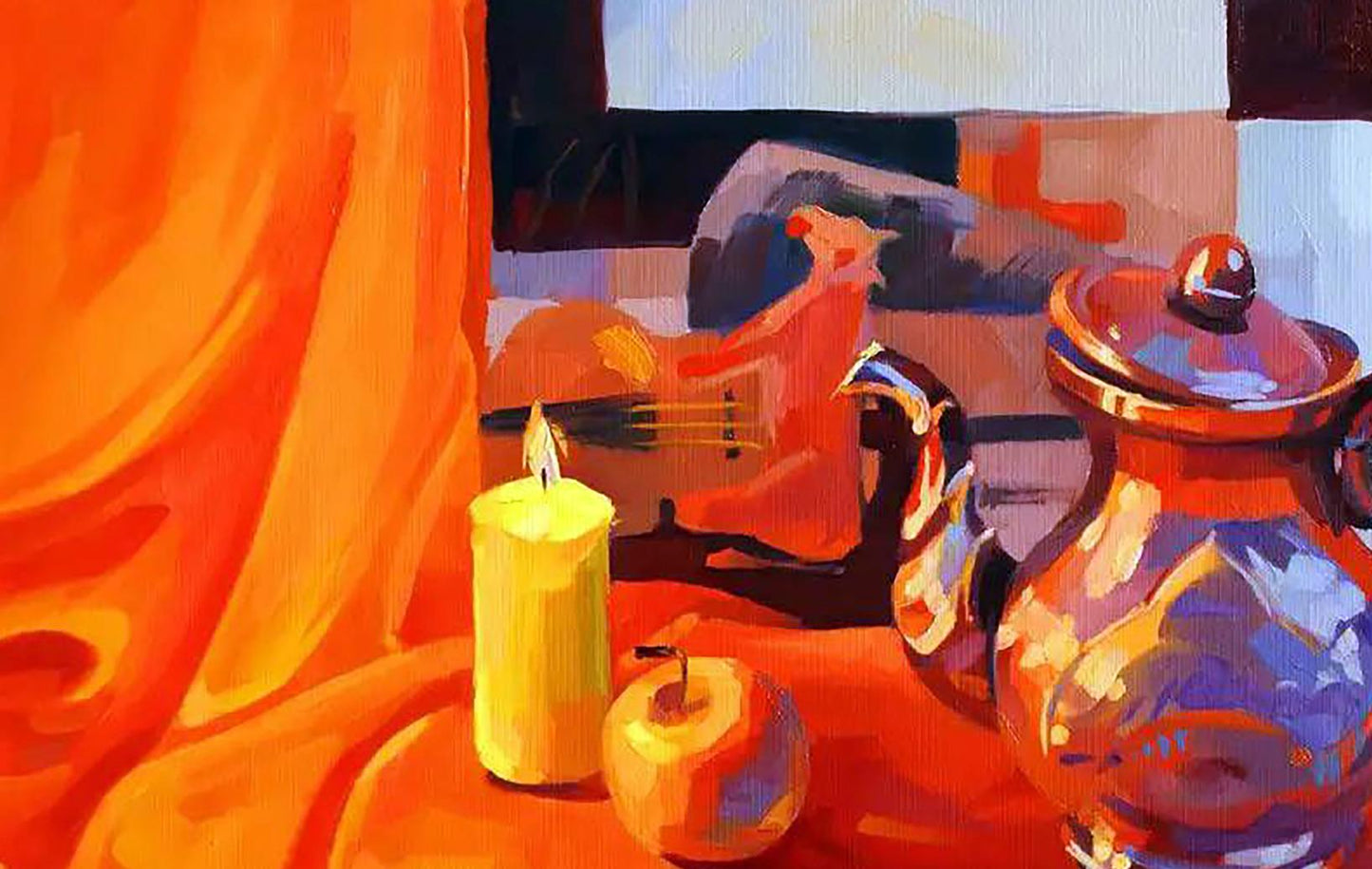 Oil painting Warm Anastasia Yaroshevich: glossy copper teapot by lit candle