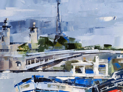 Abstract impressionist oil painting of boats and bridge by Volodymyr Gluhomanyuk