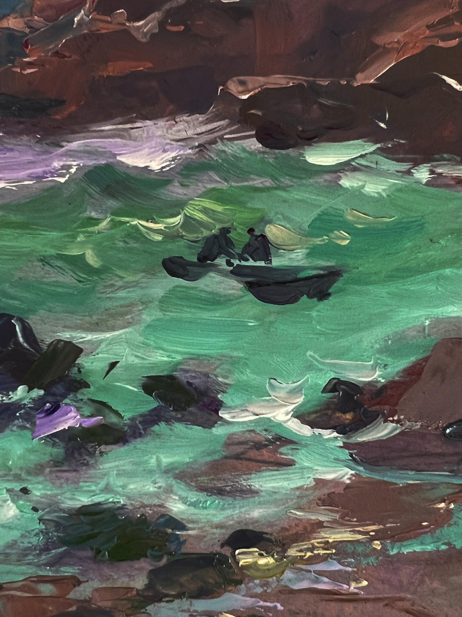 Oil painting Waves at the seashore by Yuriy Suprunchuk: boat in turbulent waters under cliffs