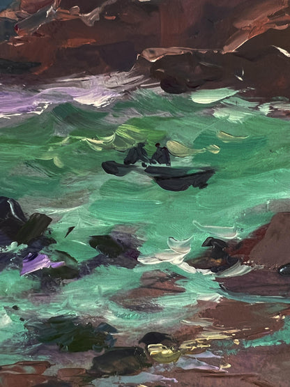 Oil painting Waves at the seashore by Yuriy Suprunchuk: boat in turbulent waters under cliffs
