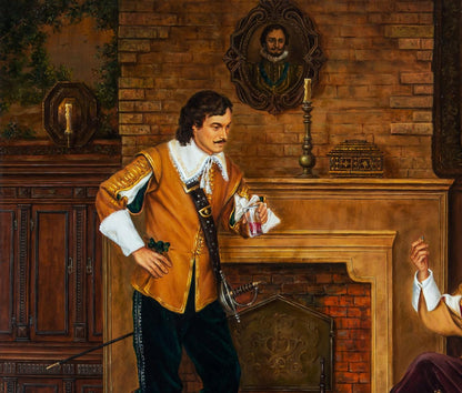 Oil painting Ring of Athos by Valeriy Bulat: man in doublet by fireplace with wine
