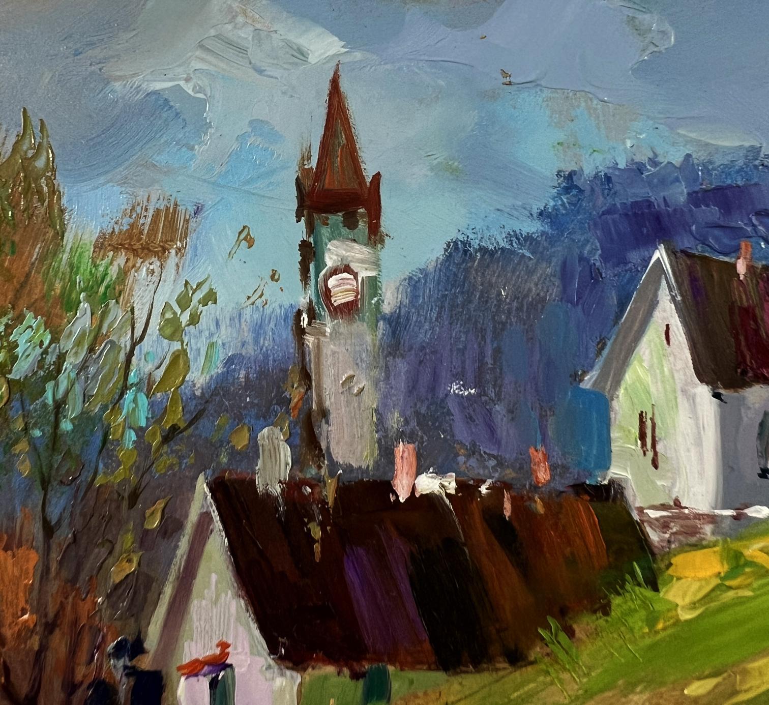 Impressionistic oil painting of mountain village house and church tower by Yuriy Suprunchuk