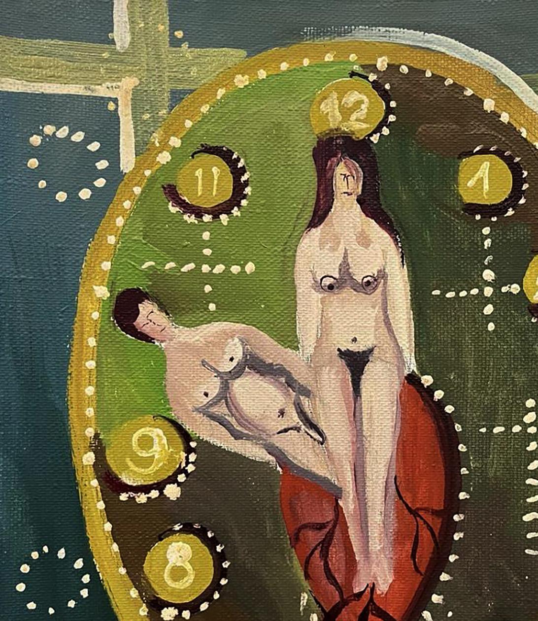Stylized oil painting by Eduard Emelyantsev: nude figures on clock face