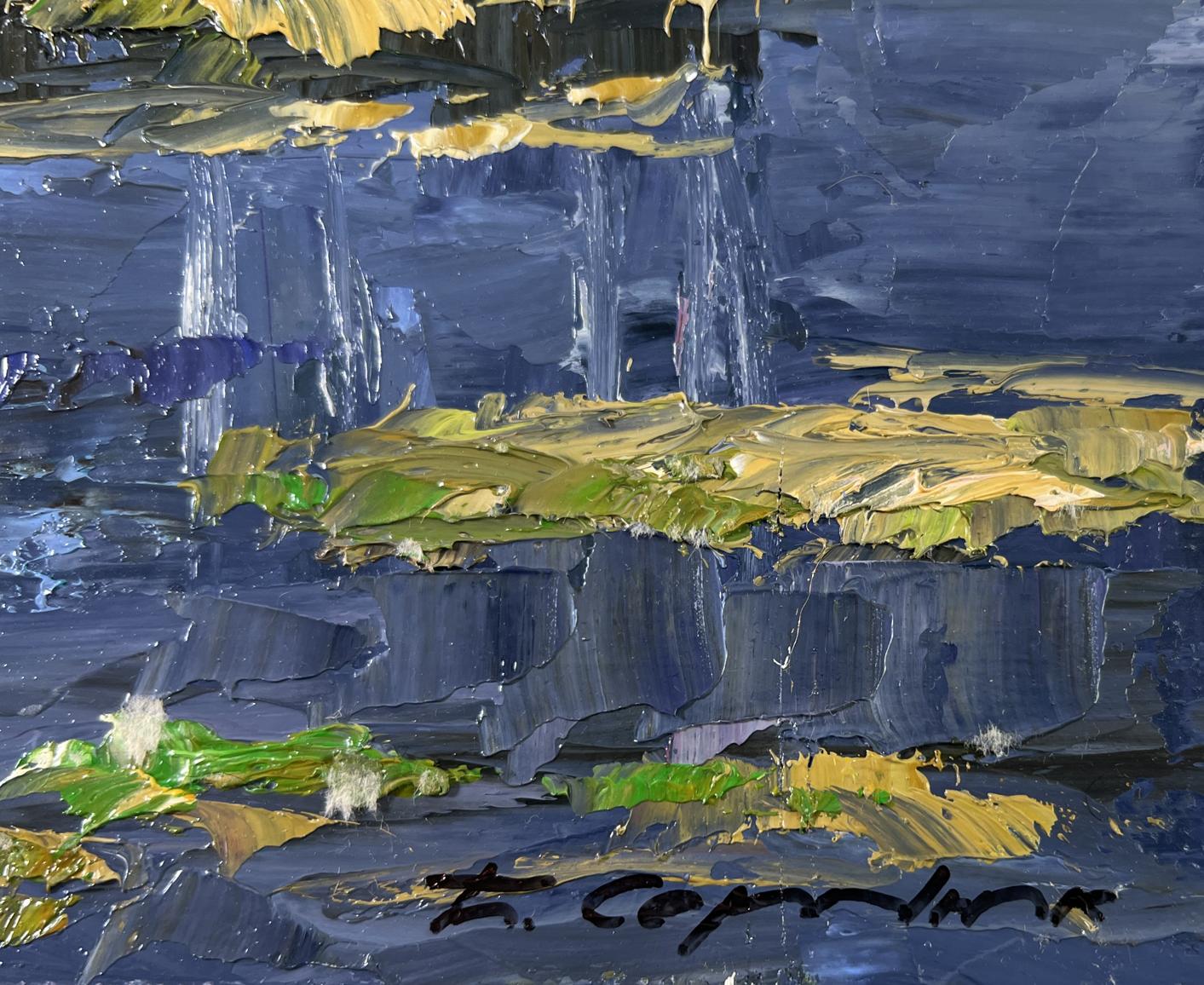 Oil painting Snow melts in March by Boris Serdyuk, textured blue and yellow-green strokes