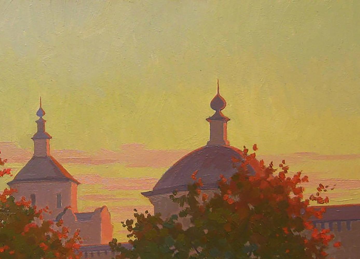Oil painting of yellow sunset over church domes by Valery Savenets