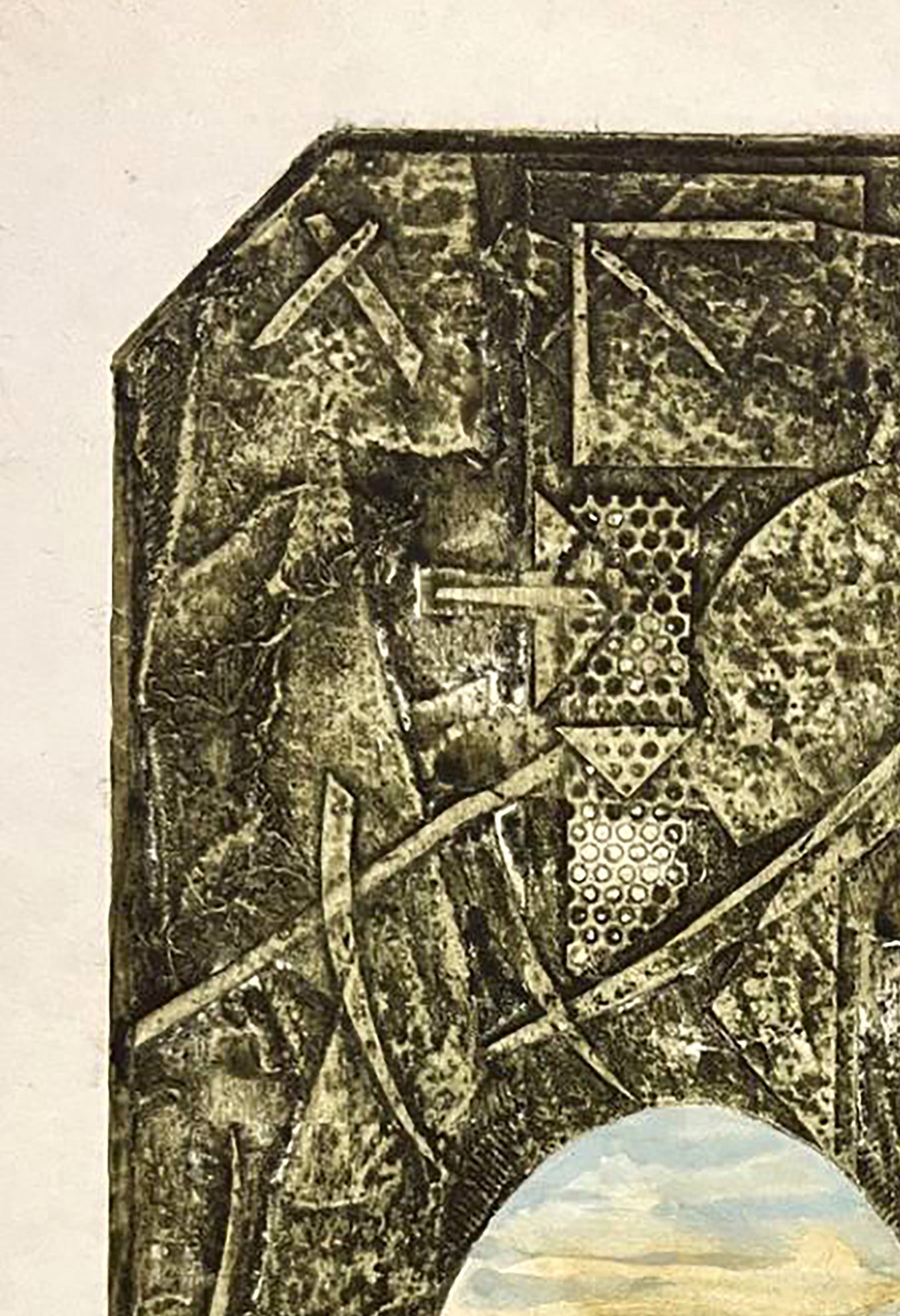 Etching painting East Oleksandr Zhmailo: abstract metal relief in green-brown honeycomb