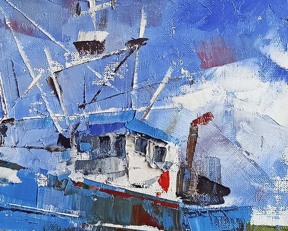 Oil painting of textured blue white boat with red accents by Volodymyr Gluhomanyuk