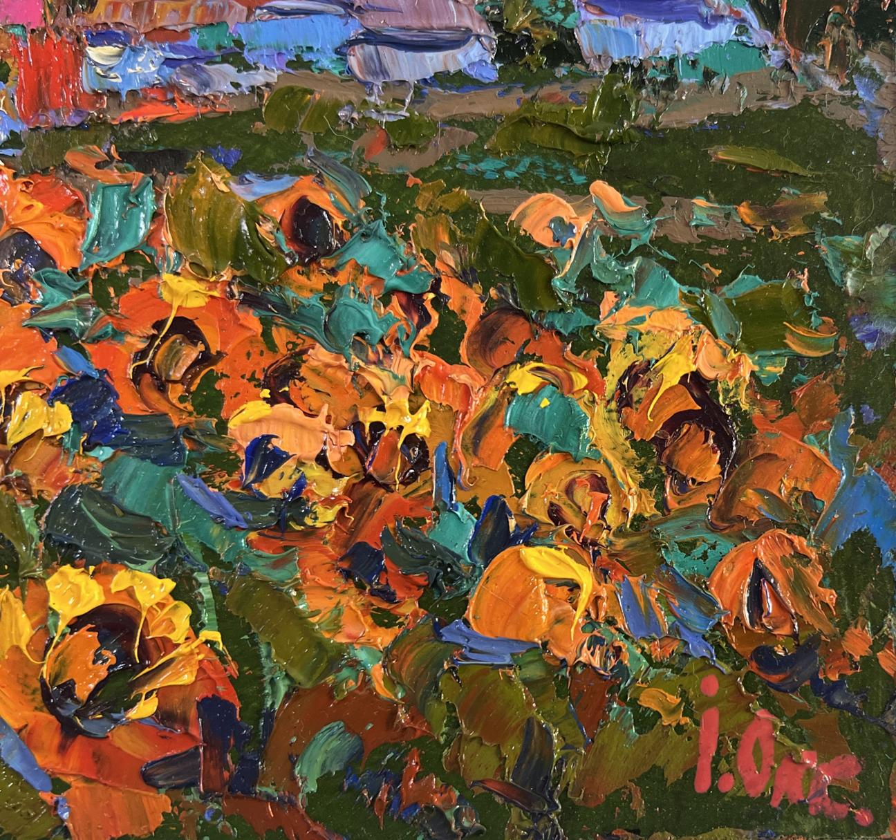 Vibrant Oksana Ivanyuk oil painting of summer village sunflower field