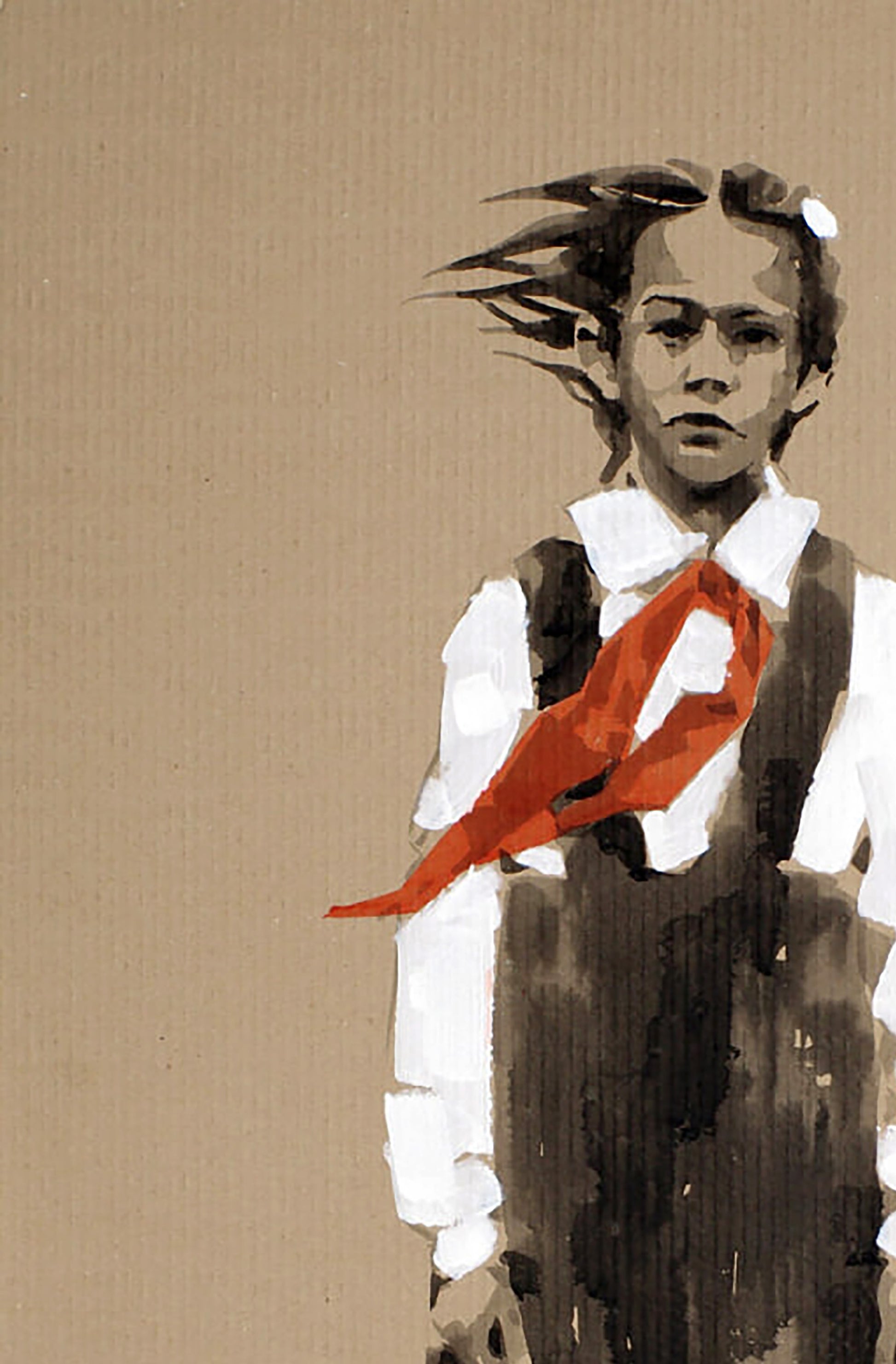 Stylized acrylic painting Goodbye Era by Dima Filatov: child in shirt and overalls with orange ribbon
