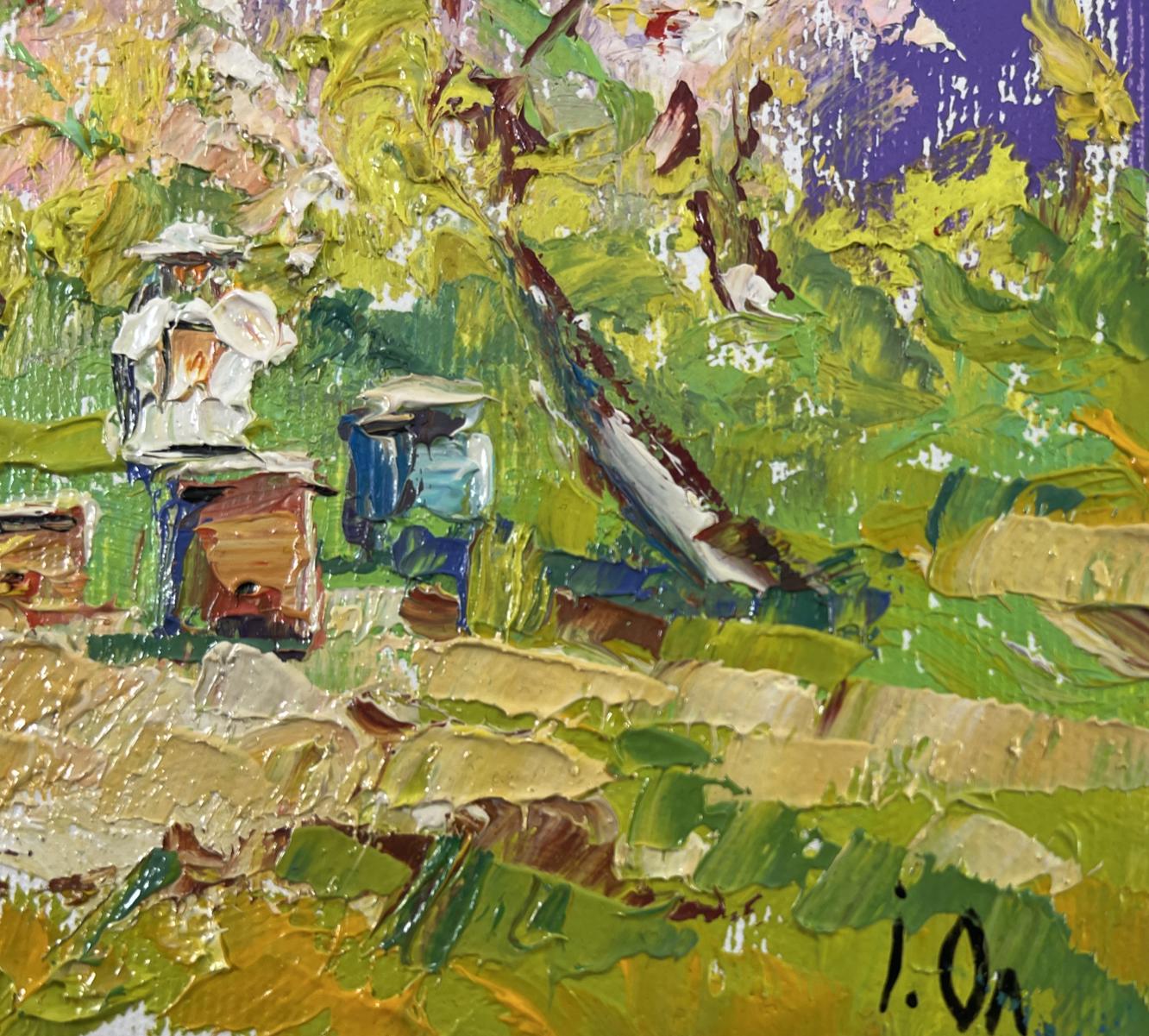Vibrant impressionist oil painting Breath of Spring by Oleksiy Ivanyuk with beekeeper