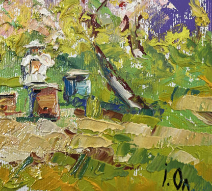 Vibrant impressionist oil painting Breath of Spring by Oleksiy Ivanyuk with beekeeper