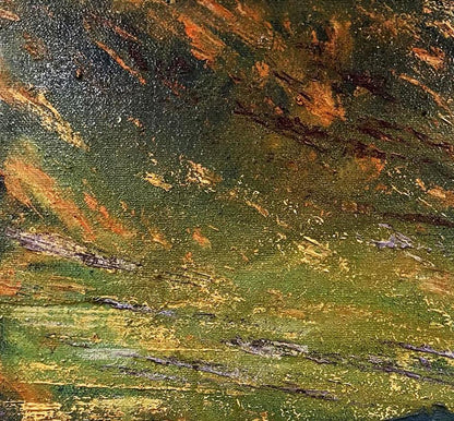 Oil painting of mountain plains by Serhiy Kovalev, green orange brown swirls