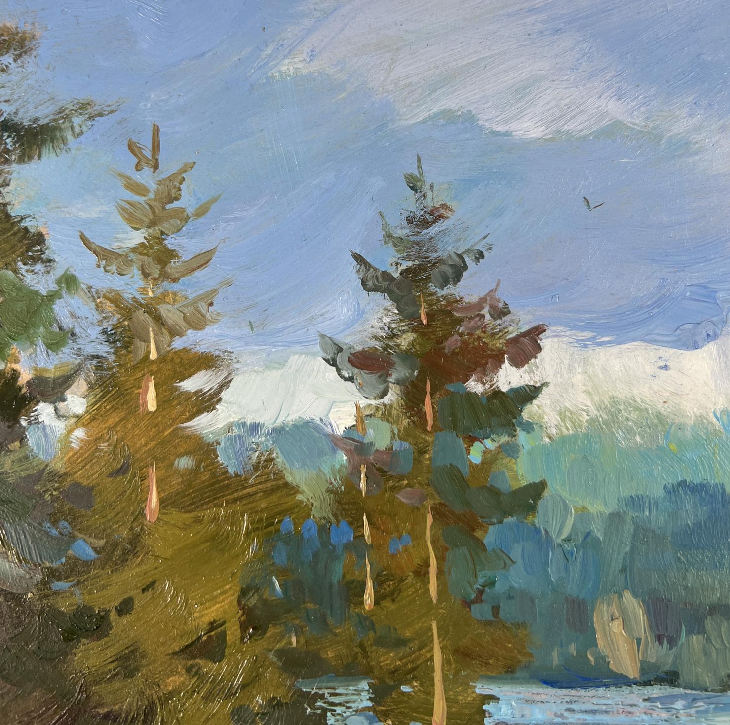 Oil painting Silent Waters of the Forest by Yuriy Suprunchuk with evergreens