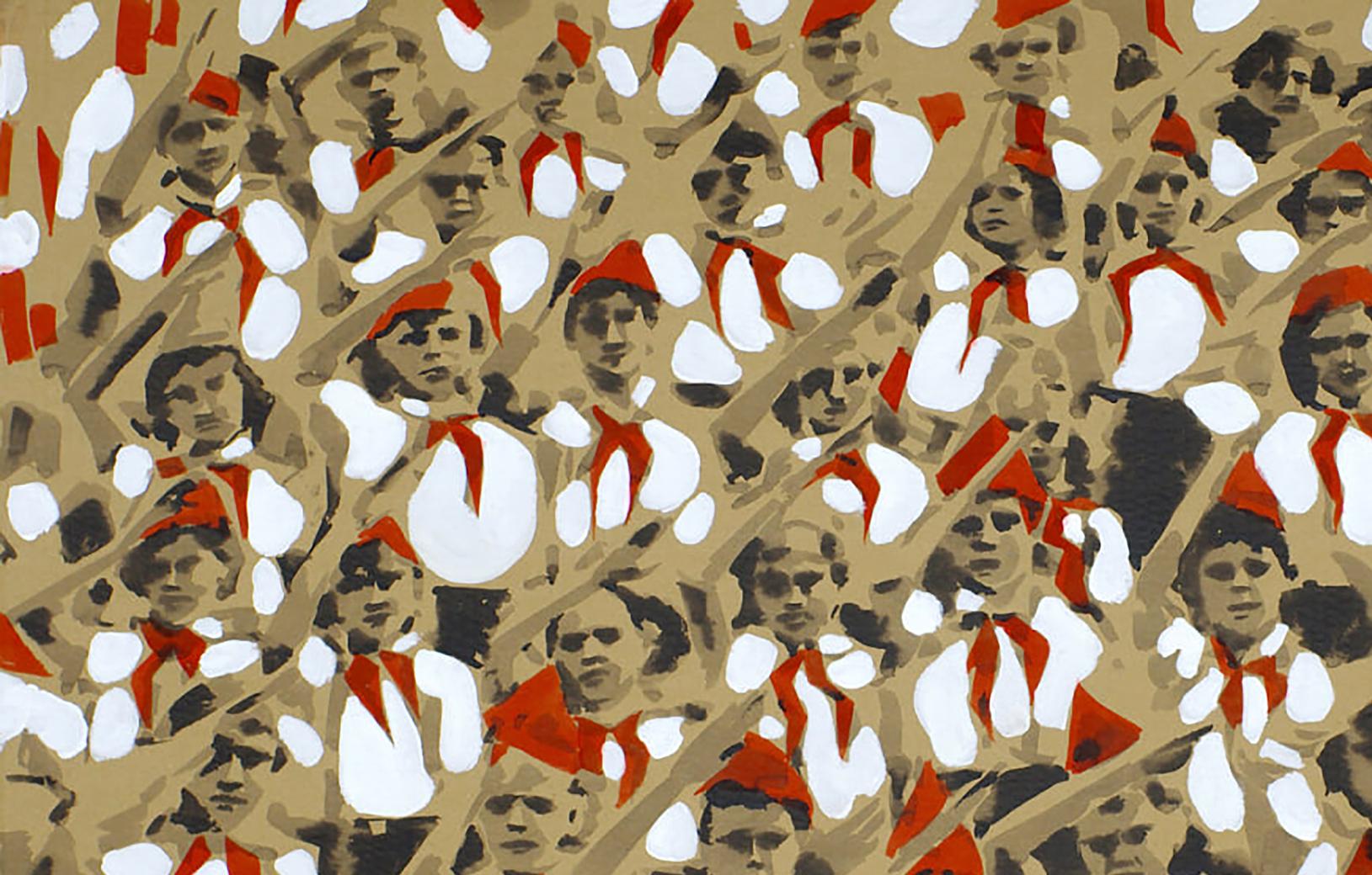 Stylized faces in red fez hats and scarves pattern by Dima Filatov on beige background