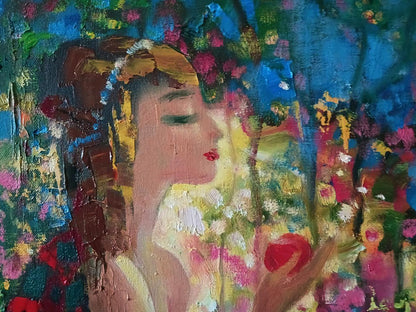 Abstract oil painting Morning Woman by Anatoly Tarabanov with woman holding red apple