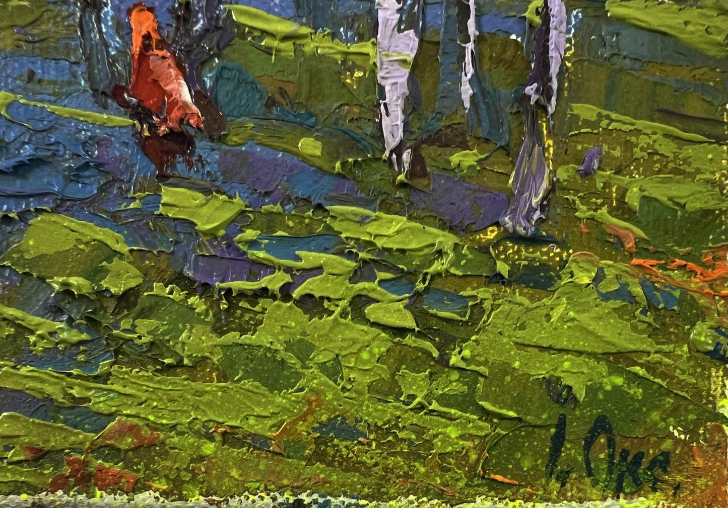 Vibrant impressionist oil painting of quiet rural forest by Oksana Ivanyuk