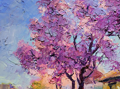 Vibrant oil painting May by Boris Serdyuk: blossoming tree in purple pink impasto on blue sky