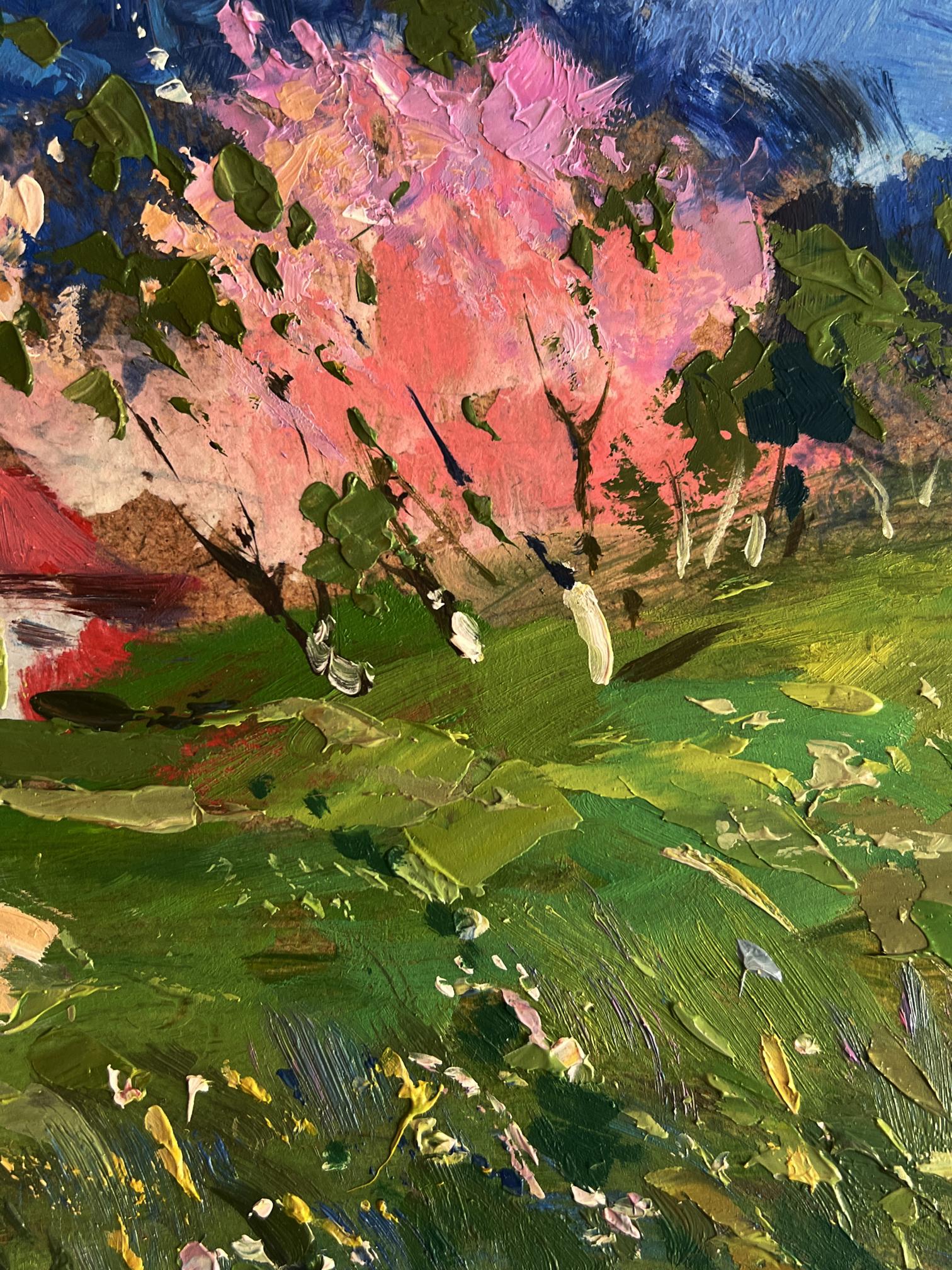 Vibrant impressionist oil painting of blooming trees in garden by Yuriy Suprunchuk