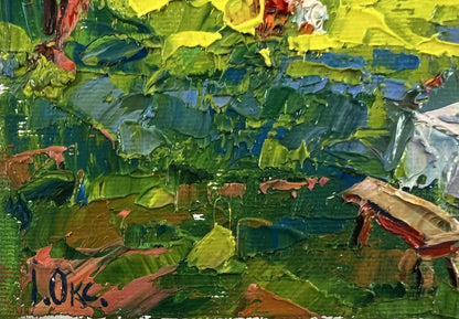 Oil painting In the morning in the clearing by Oksana Ivanyuk with vibrant green and yellow brushstrokes