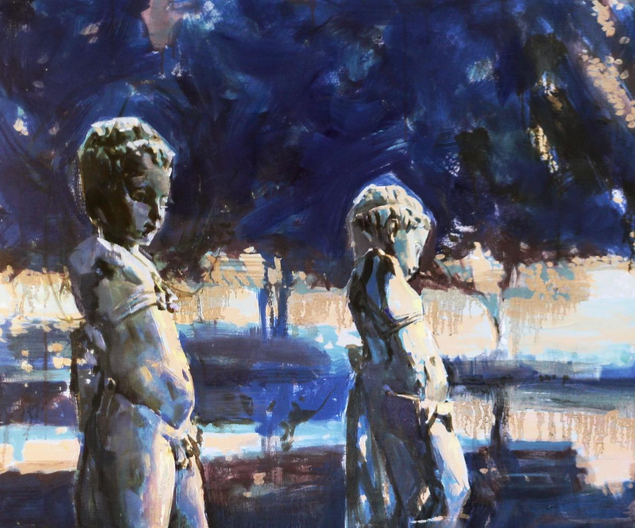 Oil painting by Garden Ed Potapenkov: two child statues under dark blue canopy