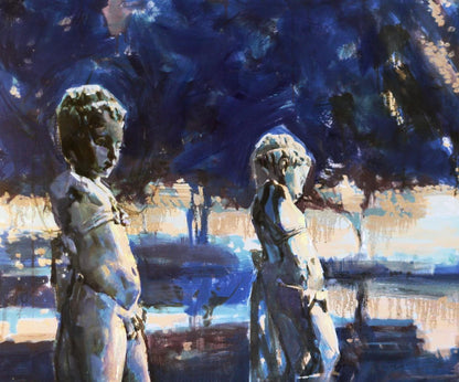 Oil painting by Garden Ed Potapenkov: two child statues under dark blue canopy