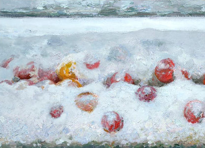 Red and orange spherical ornaments in snow, Leonid Pavlenko oil painting