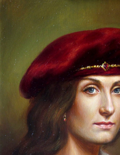 Oil painting A smile through the ages Valeriy Bulat crimson velvet beret with gold band and red gem