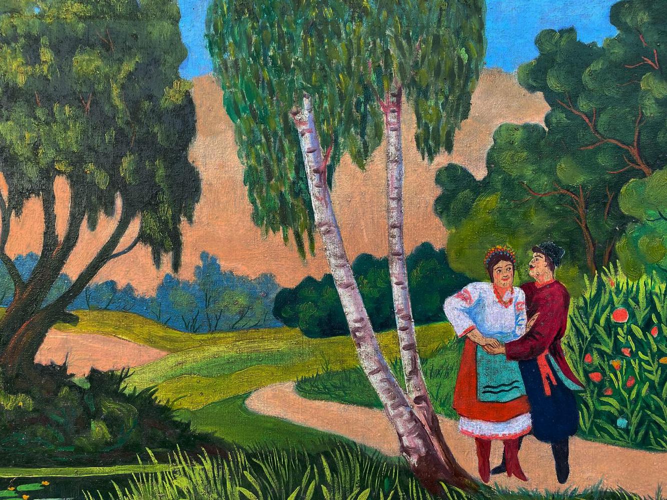 Oil painting Courtship by the pond: couple dancing in folk attire under birch trees