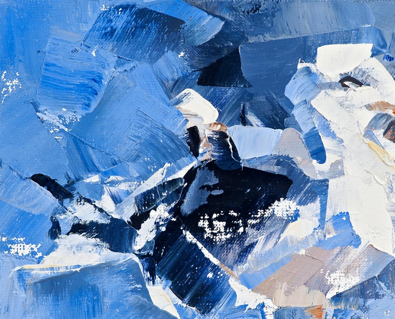 Oil painting Lonely Bird by Volodymyr Gluhomanyuk, abstract blue white textured brushstrokes