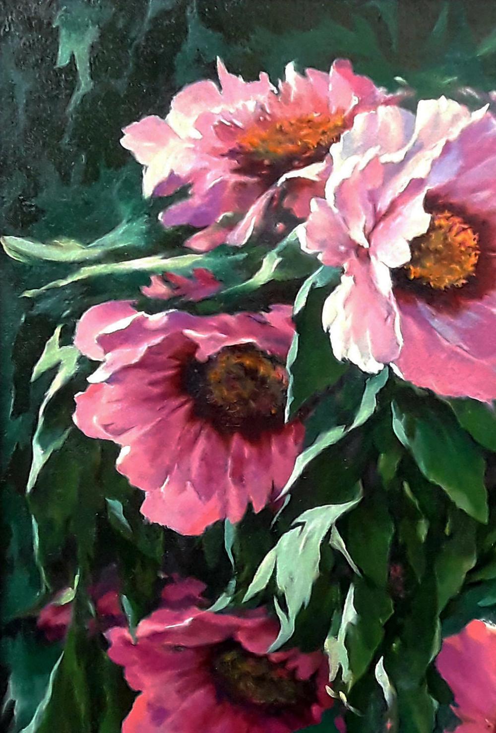 Vibrant pink peonies oil painting on canvas by Vasily Korkishko