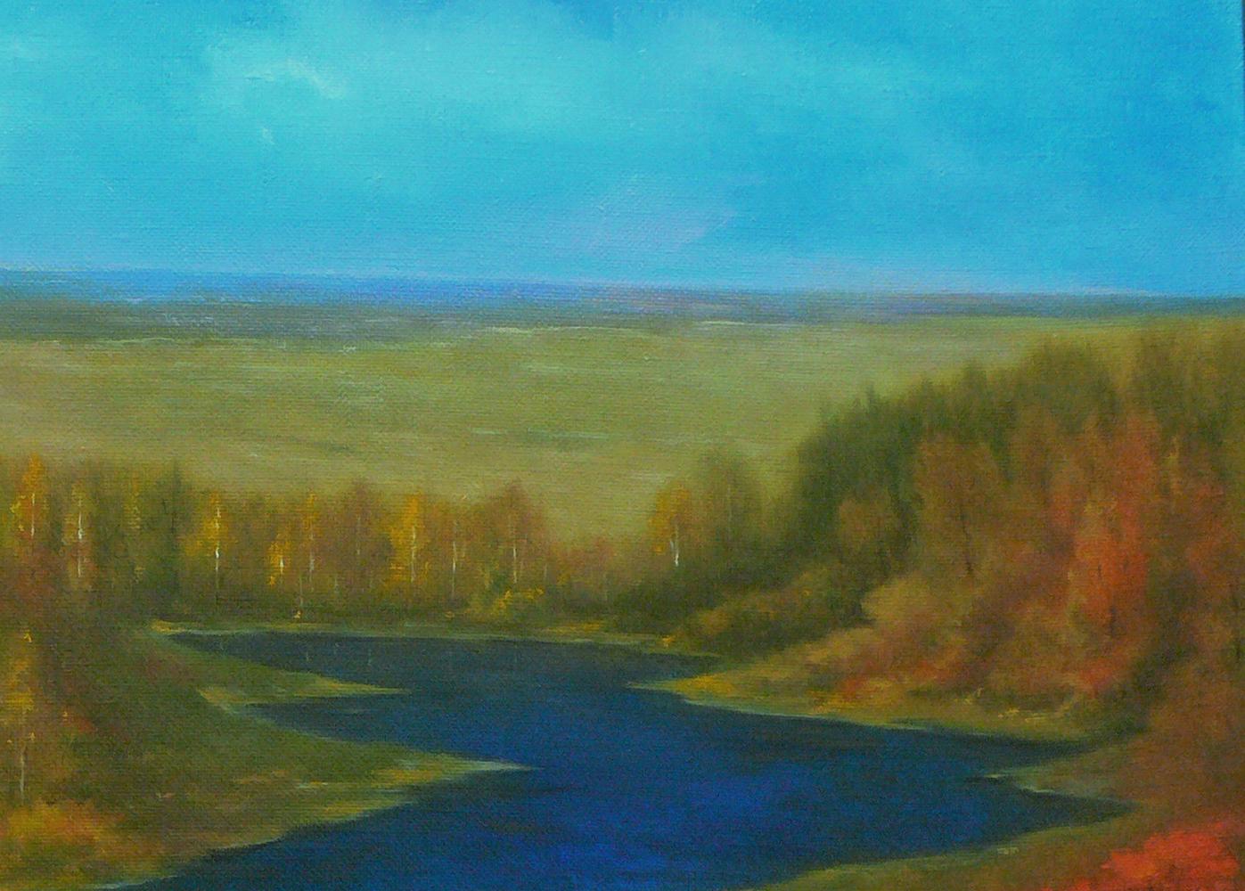 Oil painting Golden Autumn by Vasily Korkishko with blue river