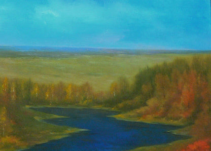 Oil painting Golden Autumn by Vasily Korkishko with blue river