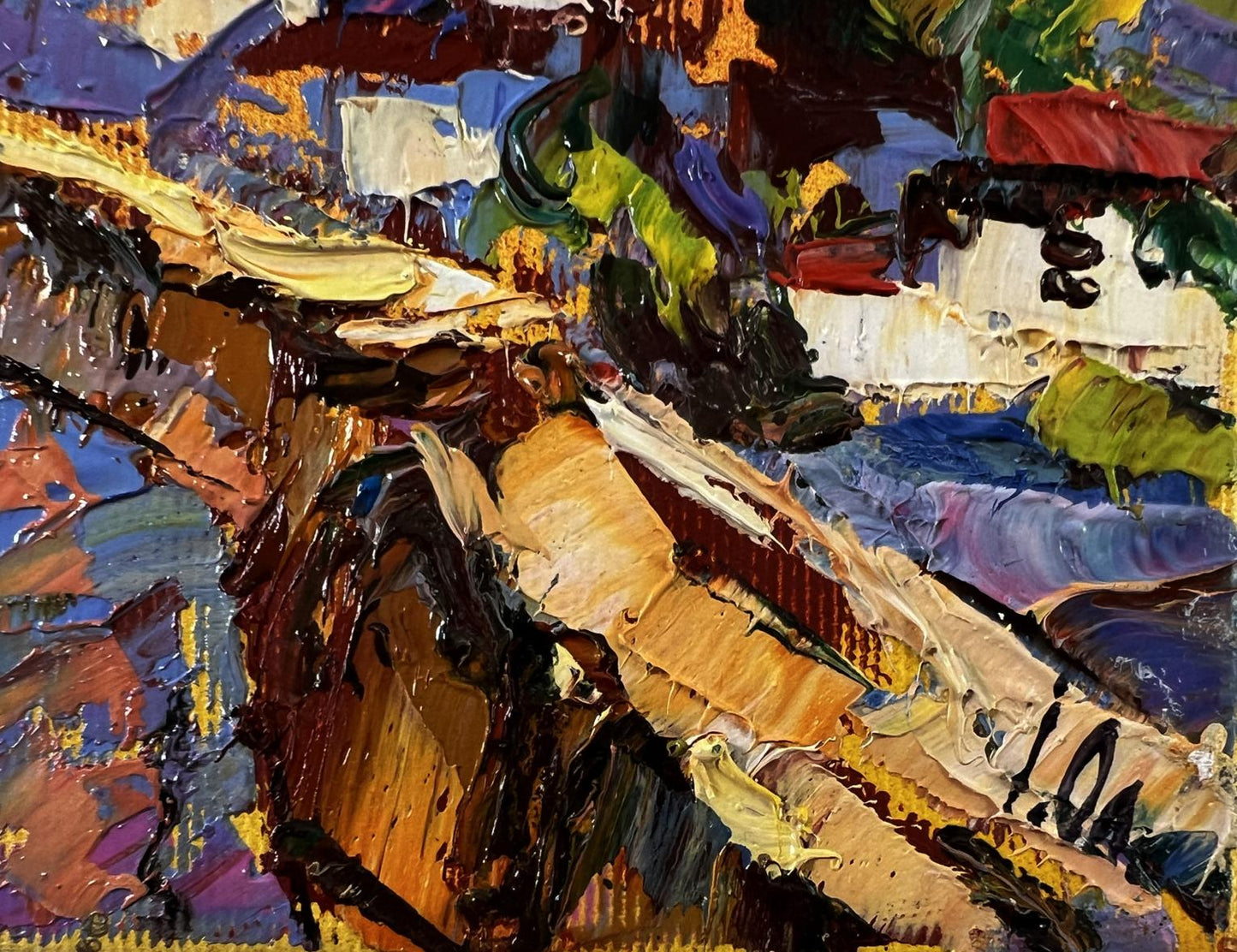 Vibrant Oleksiy Ivanyuk oil painting of old town walking tour in bold blues and greens