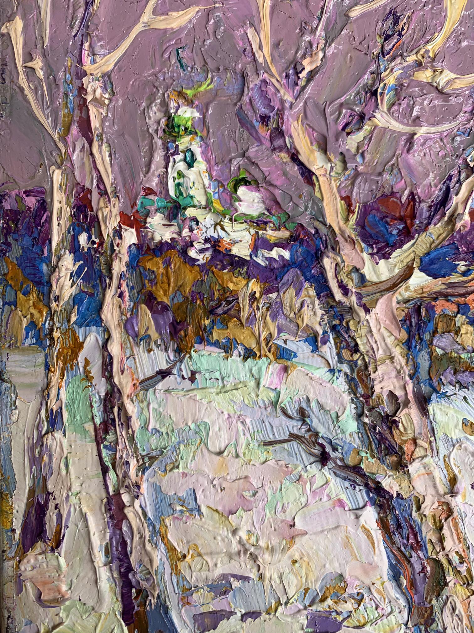 Oil painting The first snow fell by Oksana Ivanyuk with purple pink white trees