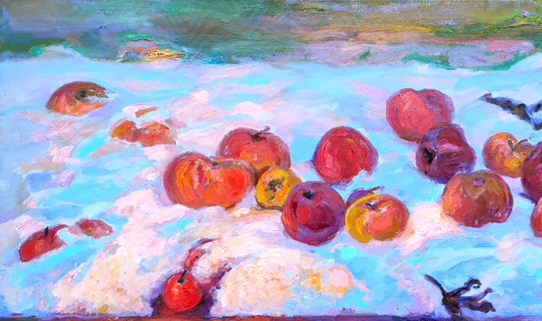 Vibrant oil painting of Christmas apples by Leonid Pavlenko
