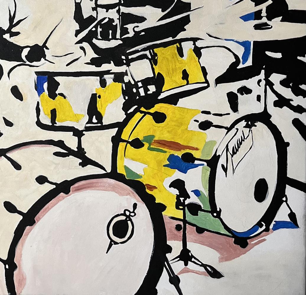 Vibrant abstract acrylic painting of jazz drum set by Arturo Banks