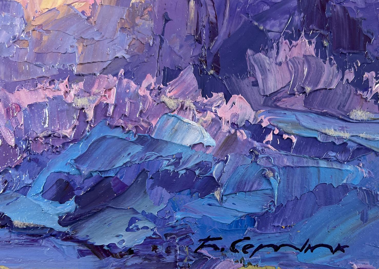 Oil painting Winter weaves snowy silence by Boris Serdyuk, vibrant purple blue abstract