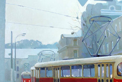 Red and cream vintage trolley in Anastasia Yaroshevich winter city oil painting
