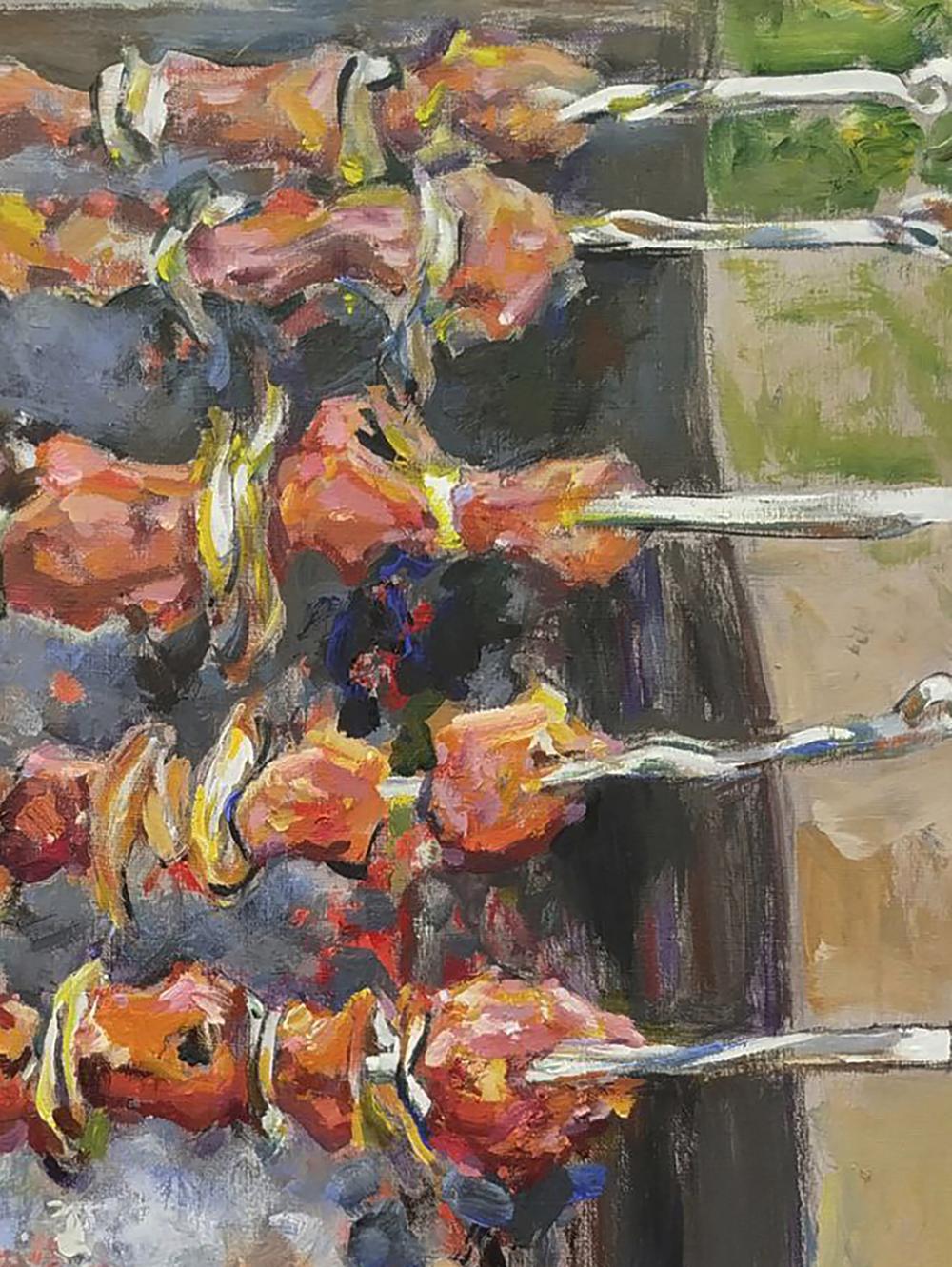 Oil painting of grilled meat skewers by Leonid Pavlenko