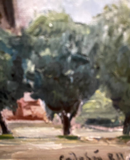 Soft-focus impressionist oil painting of lush green trees by Vladimir Sadovoy