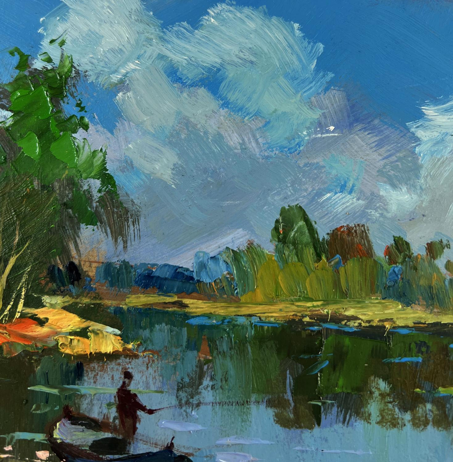 Vibrant impressionist oil painting of serene river with boat by Yuriy Suprunchuk