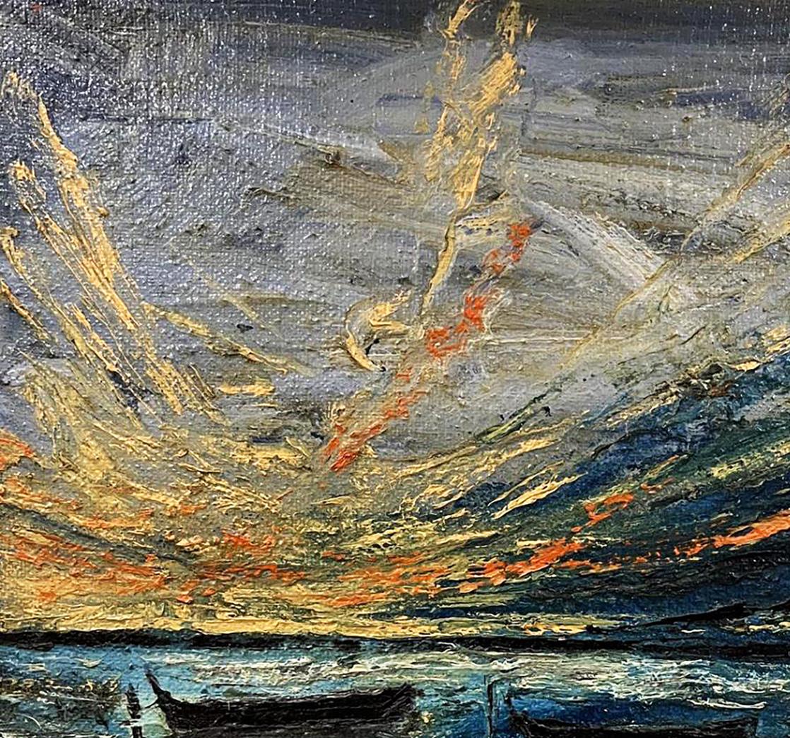 Textured oil painting of boats in dramatic sea by Serhiy Kovalev