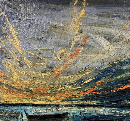Textured oil painting of boats in dramatic sea by Serhiy Kovalev