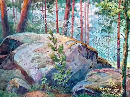 Watercolor forest fairy tale painting of mossy lichen rock among pines by Vitaly Duhnevich