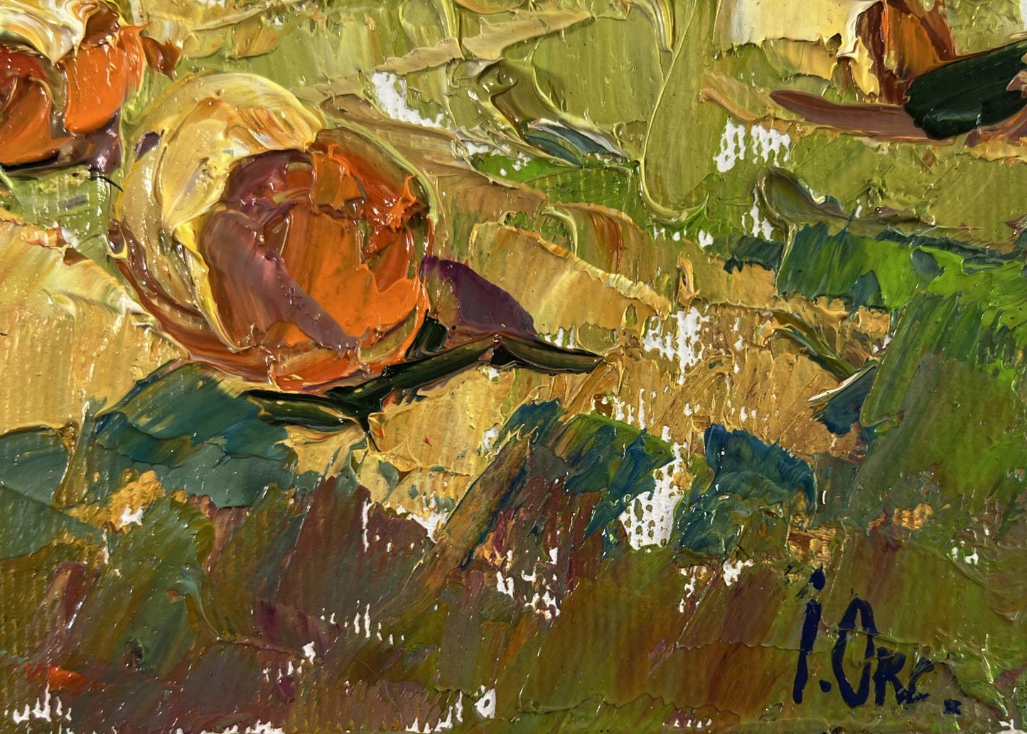Vibrant orange rose oil painting by Oksana Ivanyuk on lush green gold background