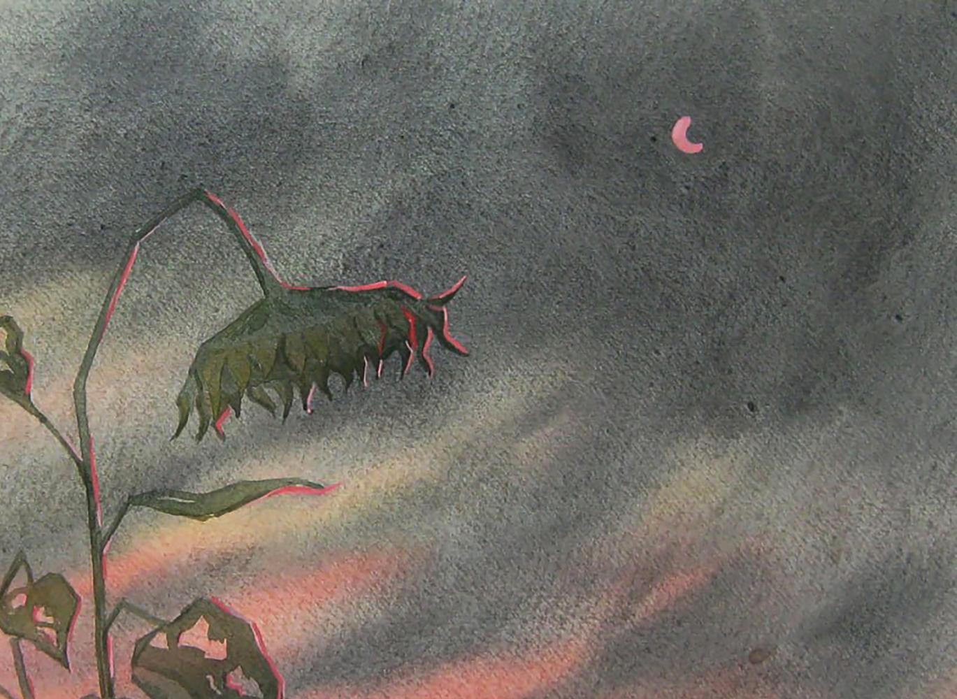 Wilted sunflower watercolor painting at sunset by Valery Savenets