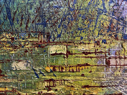 Oil painting Lightening by Serhiy Kovalev: abstract green, yellow, blue, brown layers