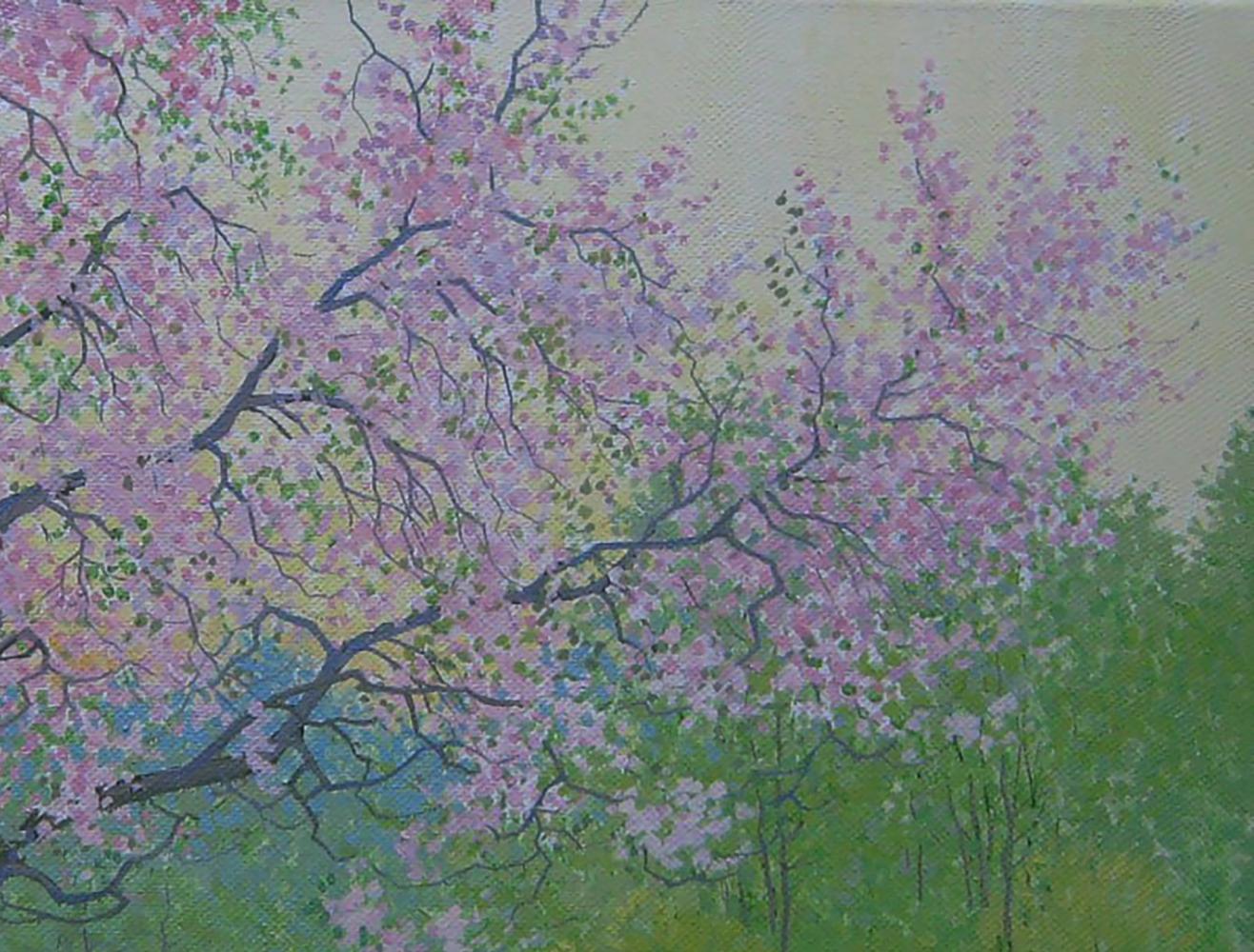 Impressionistic pink cherry blossom oil painting by Valery Savenets