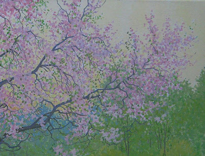 Impressionistic pink cherry blossom oil painting by Valery Savenets